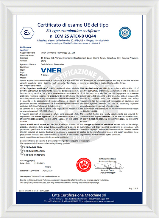 VNER Série A Coriolis ECM 25 ATEX-B UQ44 VNER Série A Coriolis ECM 25 ATEX-B UQ44